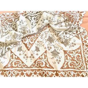 Small Tablecloth Featuring Richelieu Embroidery On Linen Fabric, With Brown Embroidery Thread—antique Linen