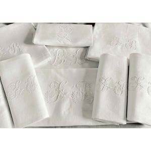 Tableware Set For 12 Place Settings, Fine Linen Damask With The Monogram "jb," Hand-embroidered—antique Linen