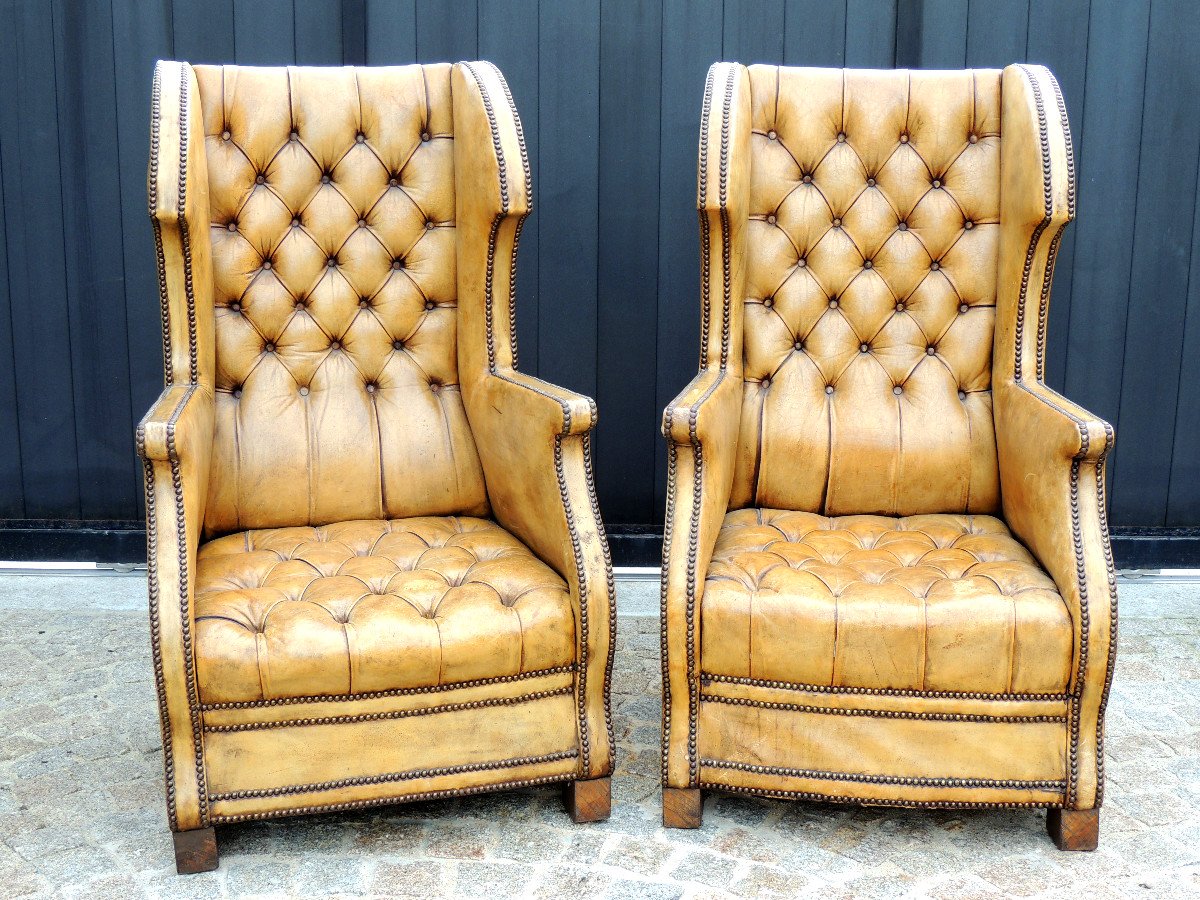 Chesterfield , Paire De Fauteuils En Cuir à Oreilles Des Années 50 - 60 , 20 ème Siècle-photo-2