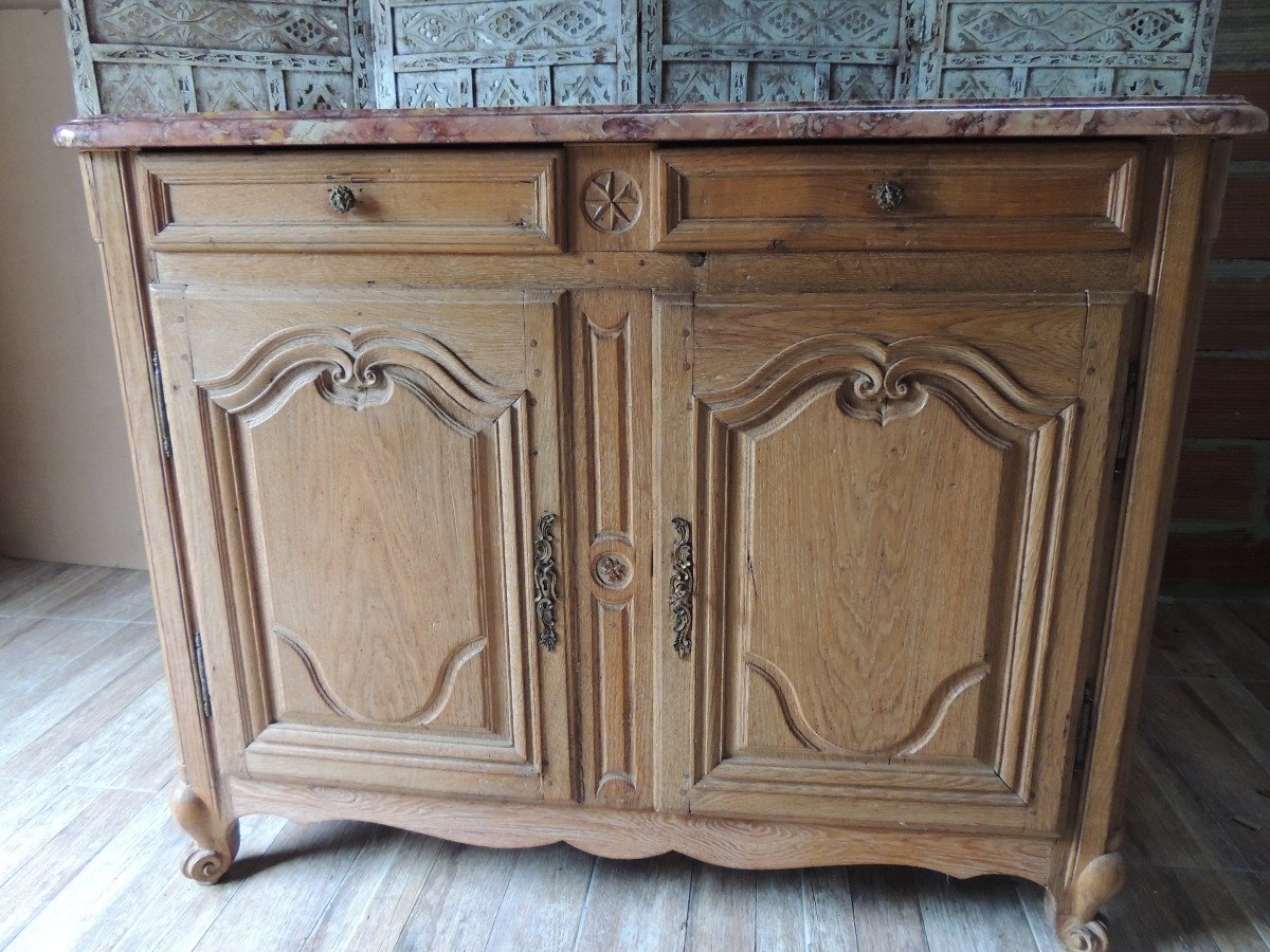 Buffet Bas Louis XV En Chêne Blond  , Avec Son Marbre Rouge ,  18 ème Siècle