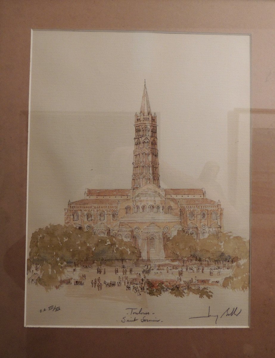 Dessin , Basilique De Saint Sernin à Toulouse Par l'Artiste Peintre Jean Bellis ,  20 ème-photo-3