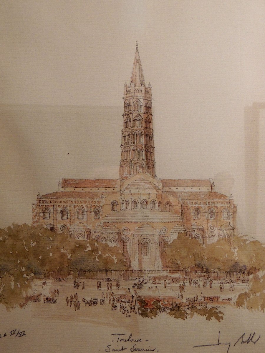 Dessin , Basilique De Saint Sernin à Toulouse Par l'Artiste Peintre Jean Bellis ,  20 ème-photo-4