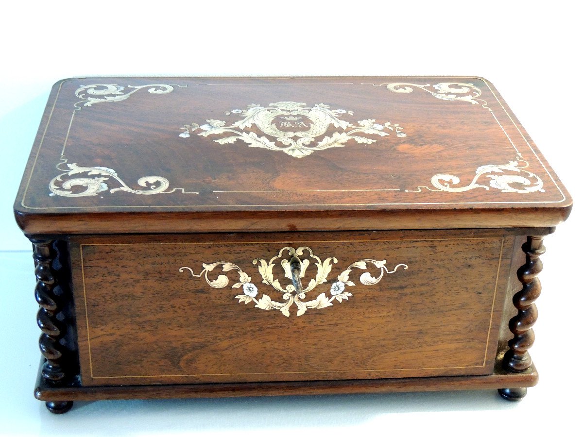 Box, Rosewood Box Inlaid Brass & Mother-of-pearl, Stamp Ch Th 18 Rue Chapon, 19th-photo-2