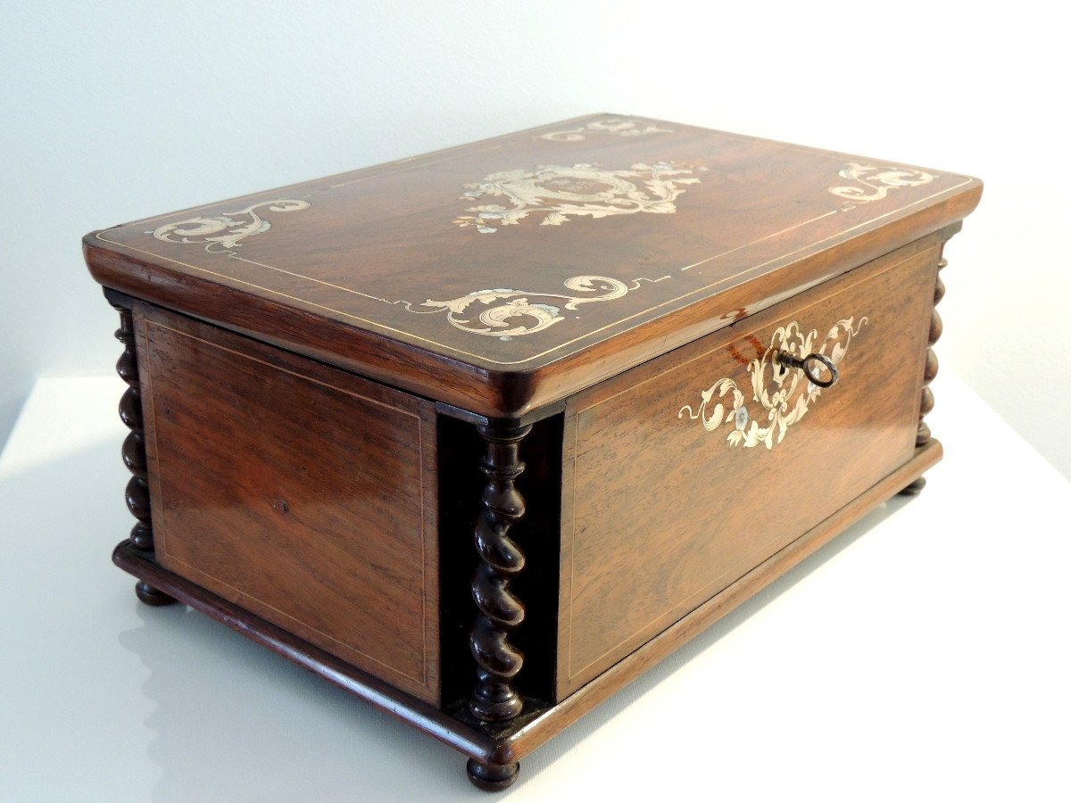Box, Rosewood Box Inlaid Brass & Mother-of-pearl, Stamp Ch Th 18 Rue Chapon, 19th-photo-1