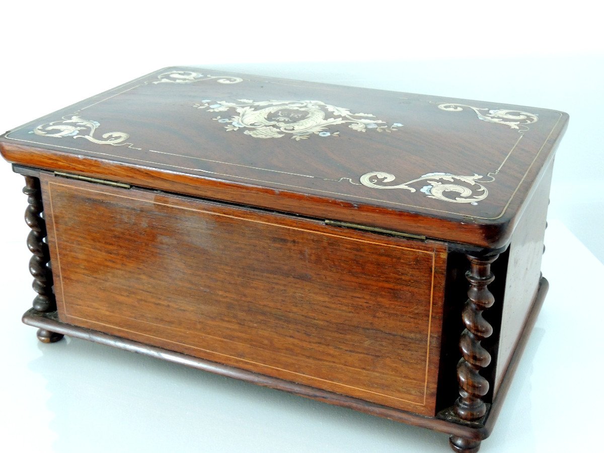 Box, Rosewood Box Inlaid Brass & Mother-of-pearl, Stamp Ch Th 18 Rue Chapon, 19th-photo-3