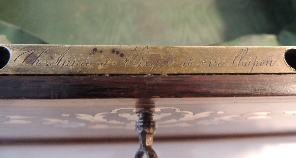 Box, Rosewood Box Inlaid Brass & Mother-of-pearl, Stamp Ch Th 18 Rue Chapon, 19th-photo-7