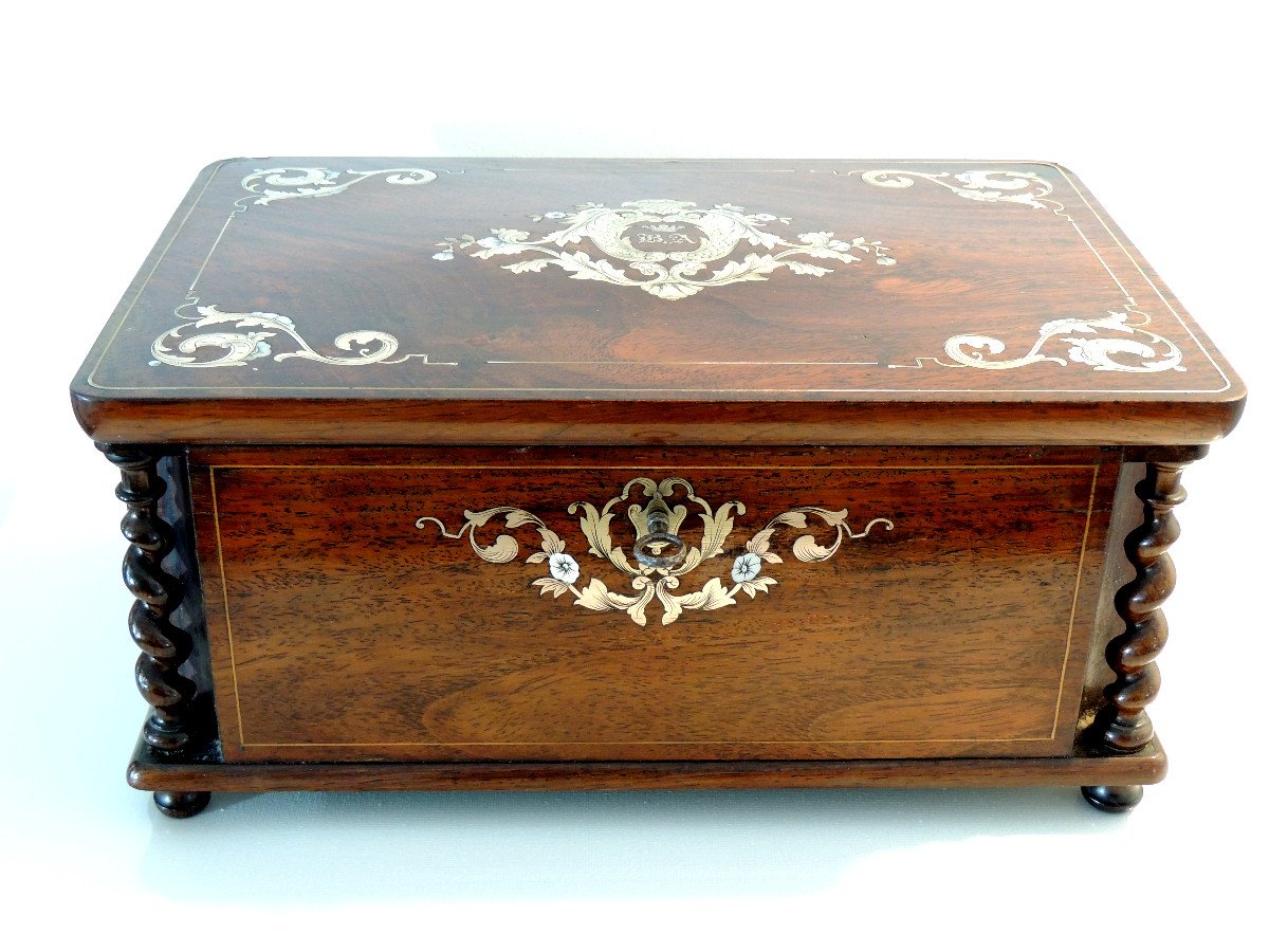 Box, Rosewood Box Inlaid Brass & Mother-of-pearl, Stamp Ch Th 18 Rue Chapon, 19th