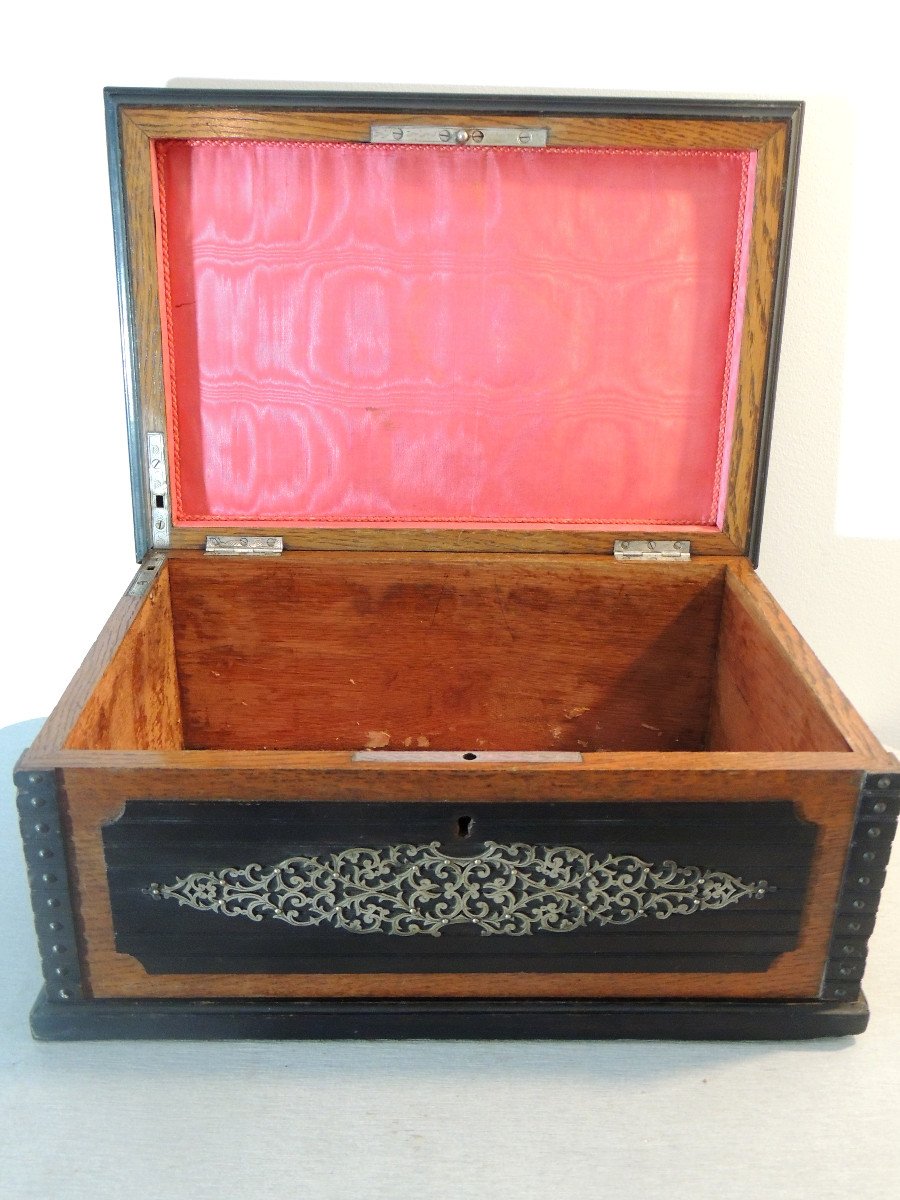 Casket, Oak Box With Decoration Of Silver Metal Friezes On The 5 Sides, 19th-photo-3