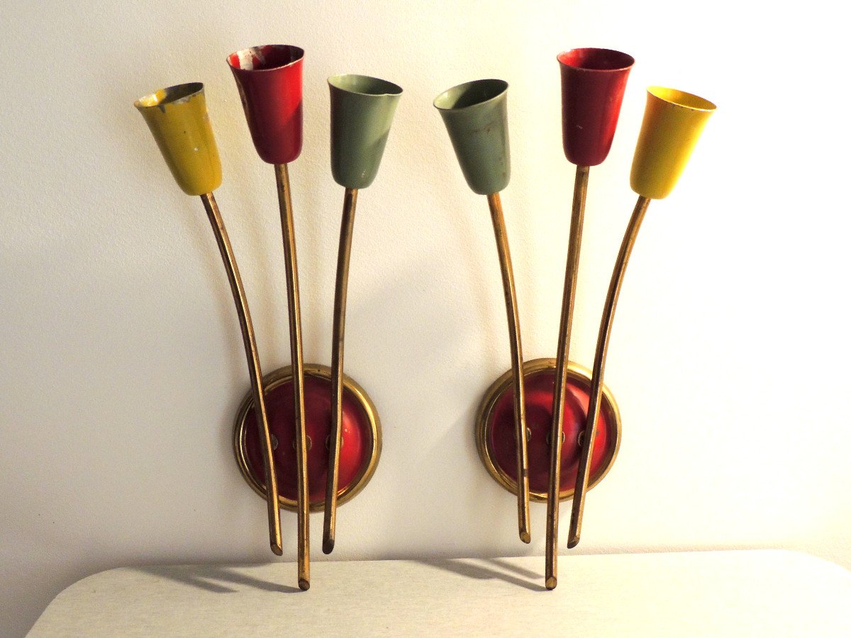 Paire d'Appliques , Applique Italie Années 50-60 , Stilnovo , Modèle Flûtes Colorées , 20 ème-photo-2