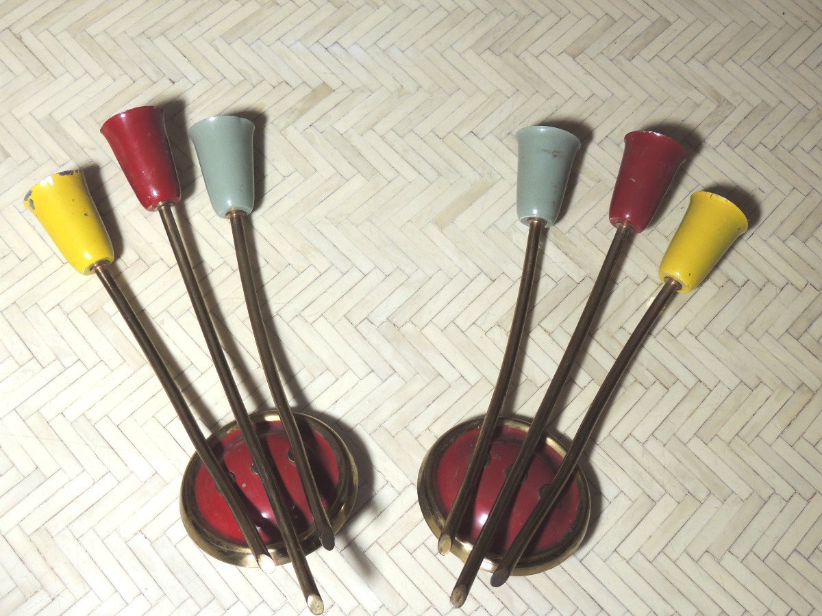 Paire d'Appliques , Applique Italie Années 50-60 , Stilnovo , Modèle Flûtes Colorées , 20 ème