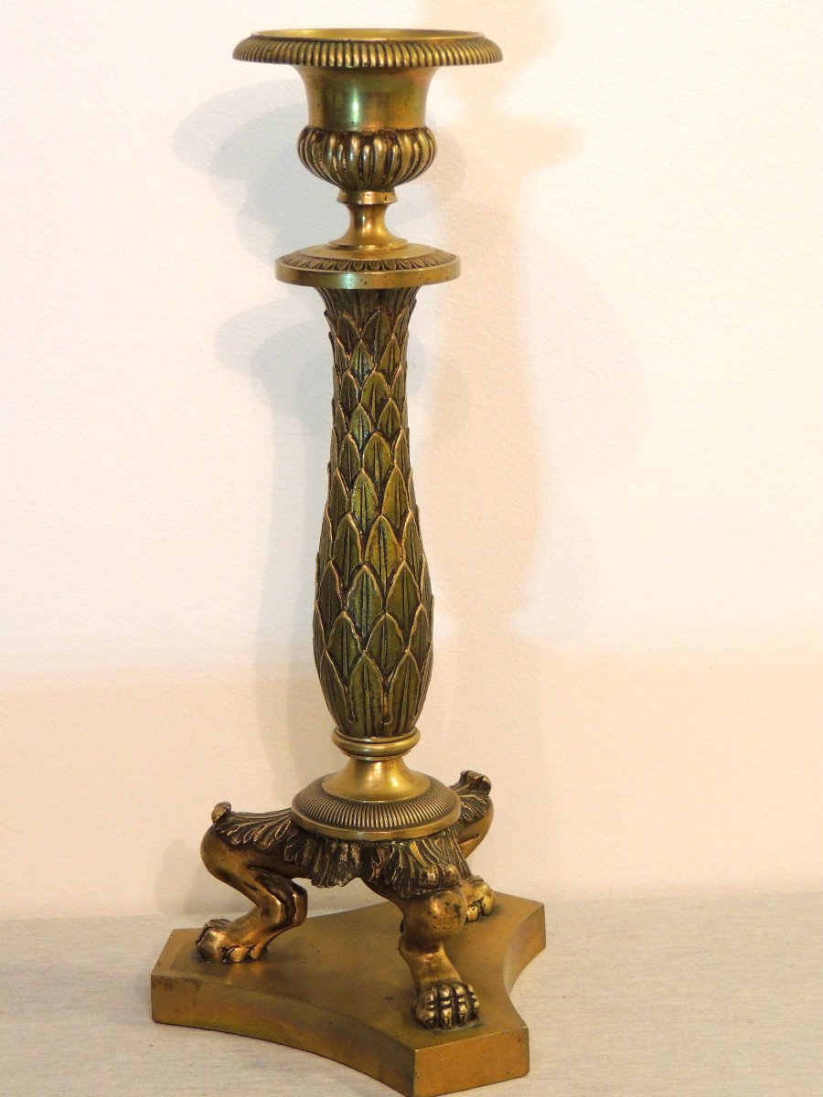 Pair Of Candlesticks In Gilt Bronze Candlesticks On Tripod Feet In Lion Claws Empire 19th-photo-4