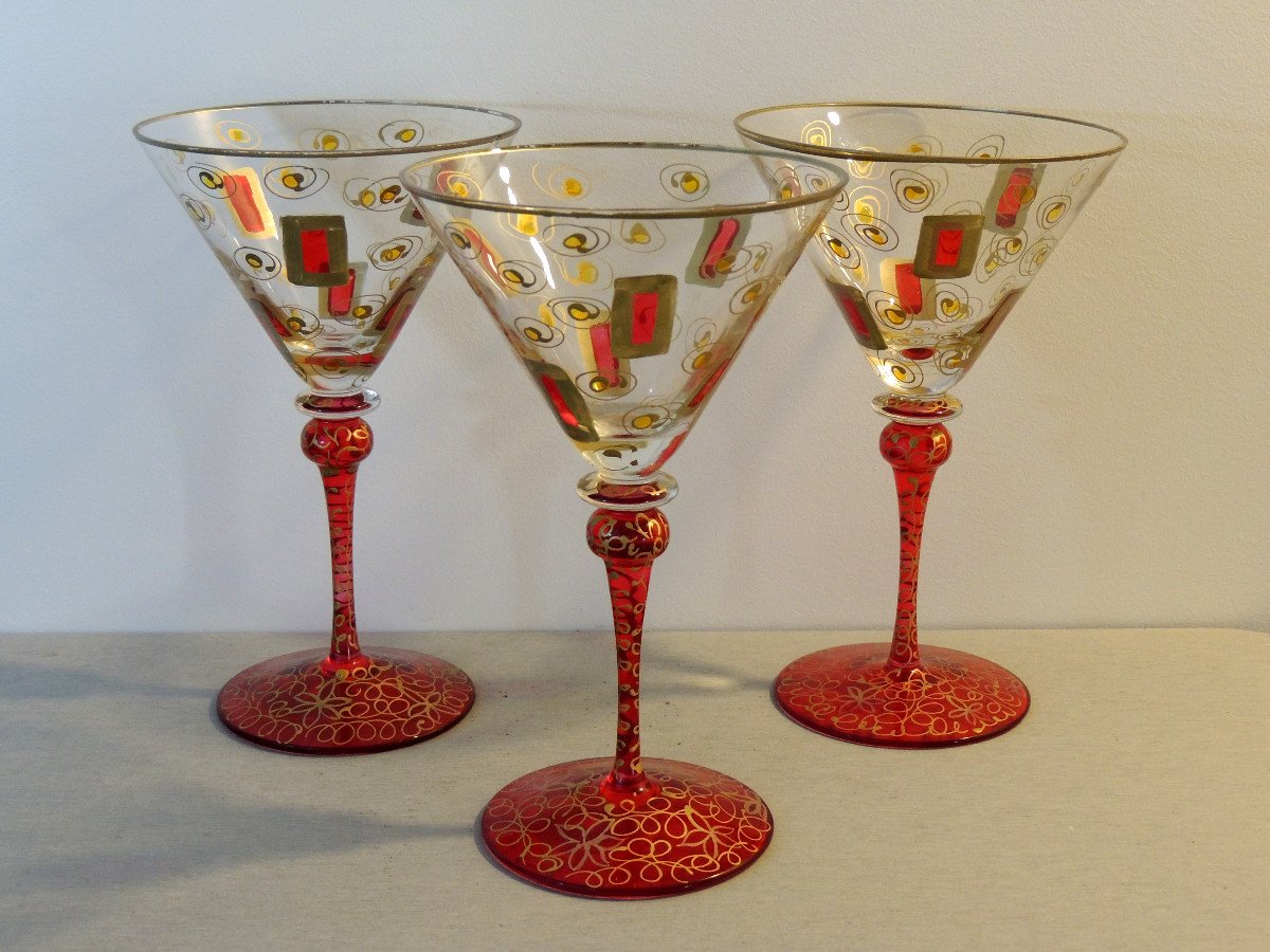 Blown Glasses, 3 Murano Glasses, Italy Glassware In Venice, 20th Century