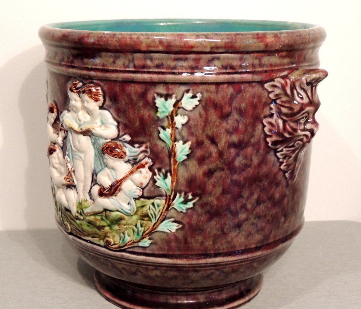 Cache Pot Eb Barbotine, Earthenware Planter, Scene Of Five Child Musicians, Late 19th-photo-1