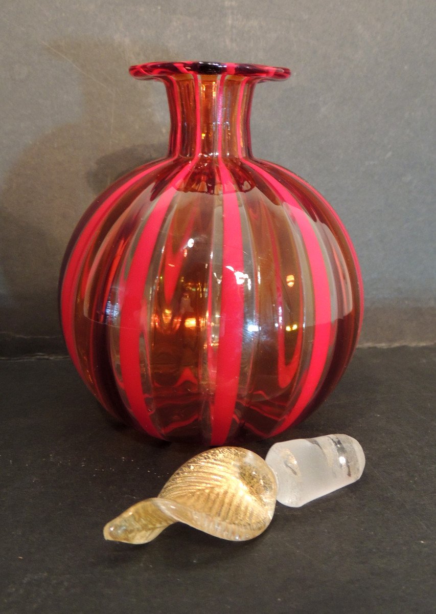 Flaçon à Parfum , Bouteille Souffléé Colorée , Verrerie Atteliers De Murano , Années 80 ,20 ème-photo-3