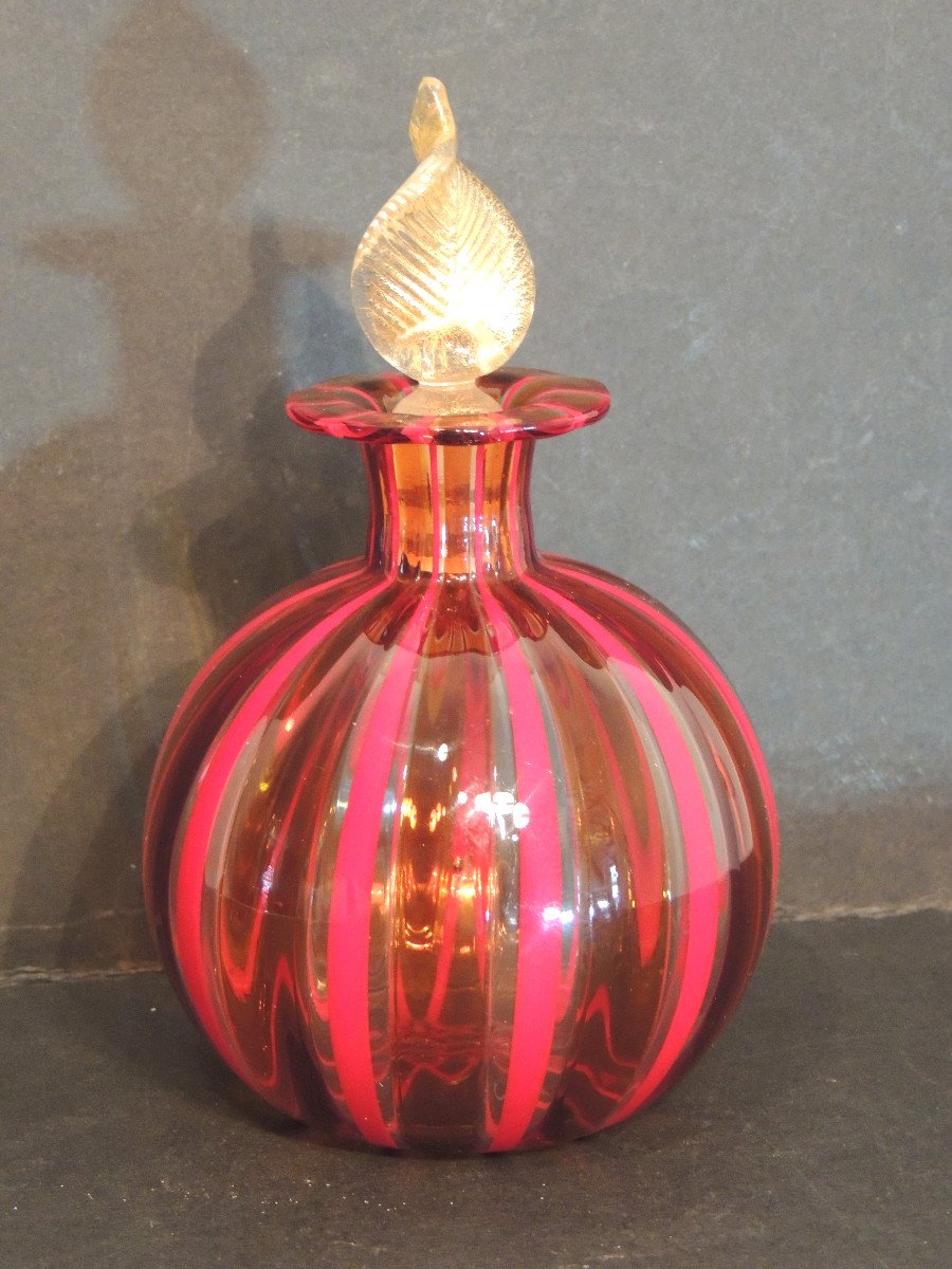 Flaçon à Parfum , Bouteille Souffléé Colorée , Verrerie Atteliers De Murano , Années 80 ,20 ème-photo-2