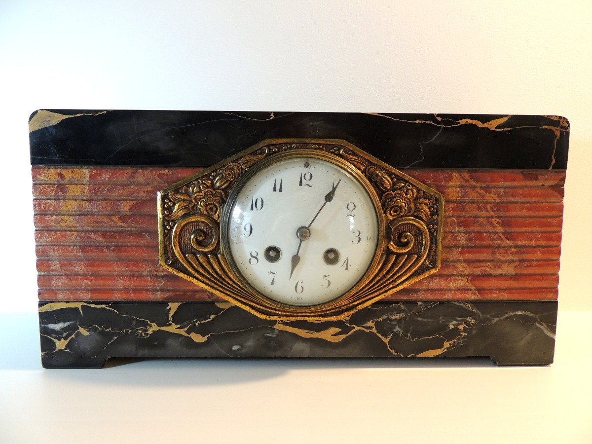Mantelpiece Set, Pendulum, Mantelpiece Set, Veined Marble, Art Deco, 20th Century-photo-2