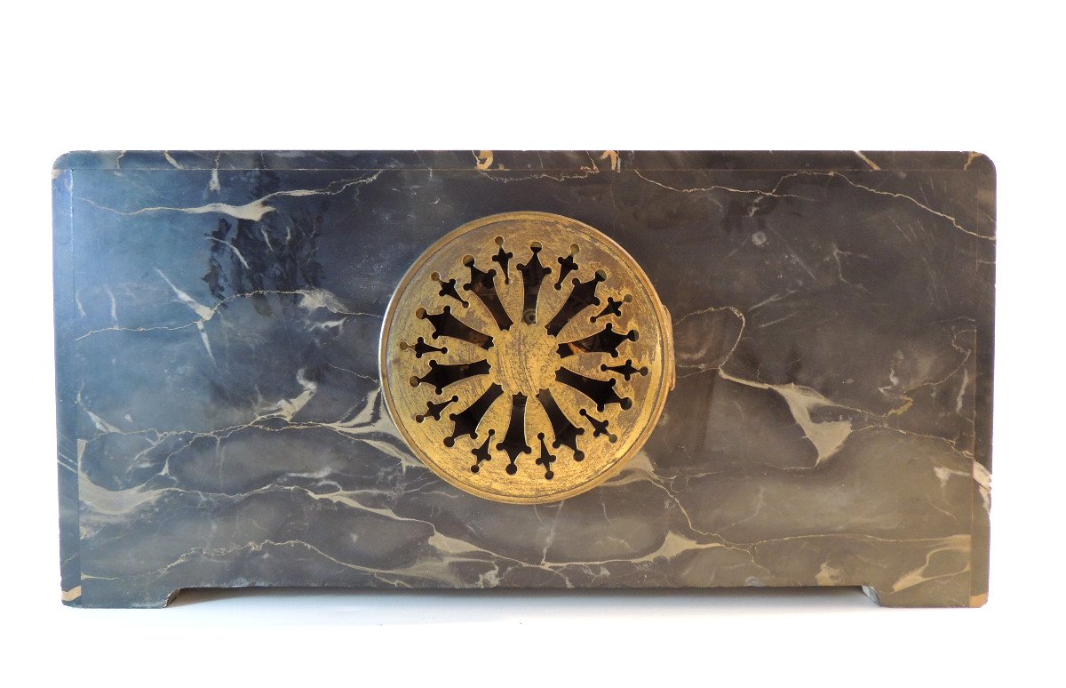 Mantelpiece Set, Pendulum, Mantelpiece Set, Veined Marble, Art Deco, 20th Century-photo-5