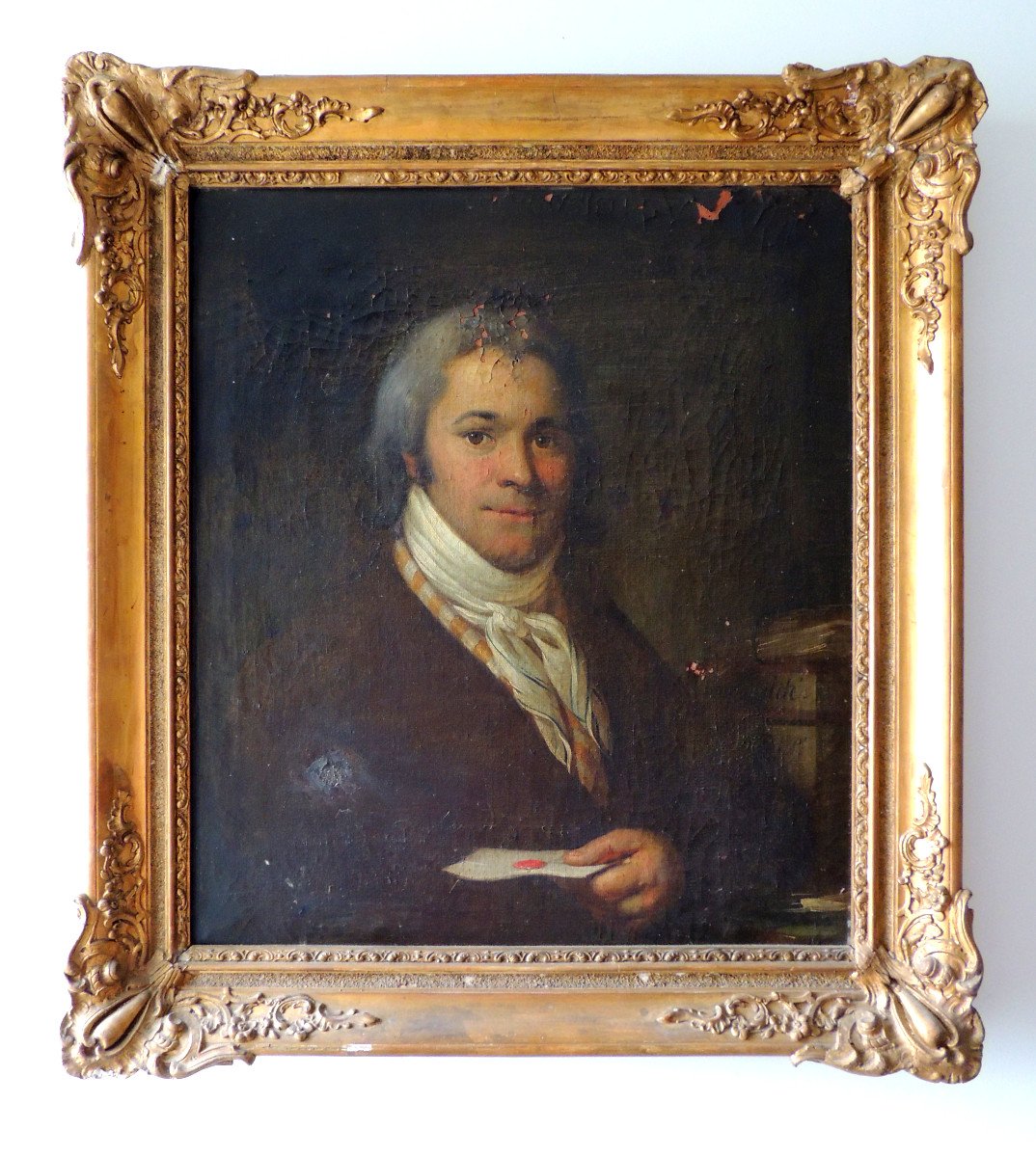 Portrait , Portrait d'Un Gentilhomme Tenant Un Courrier , Huile Sur Toile Du 18 ème Siècle