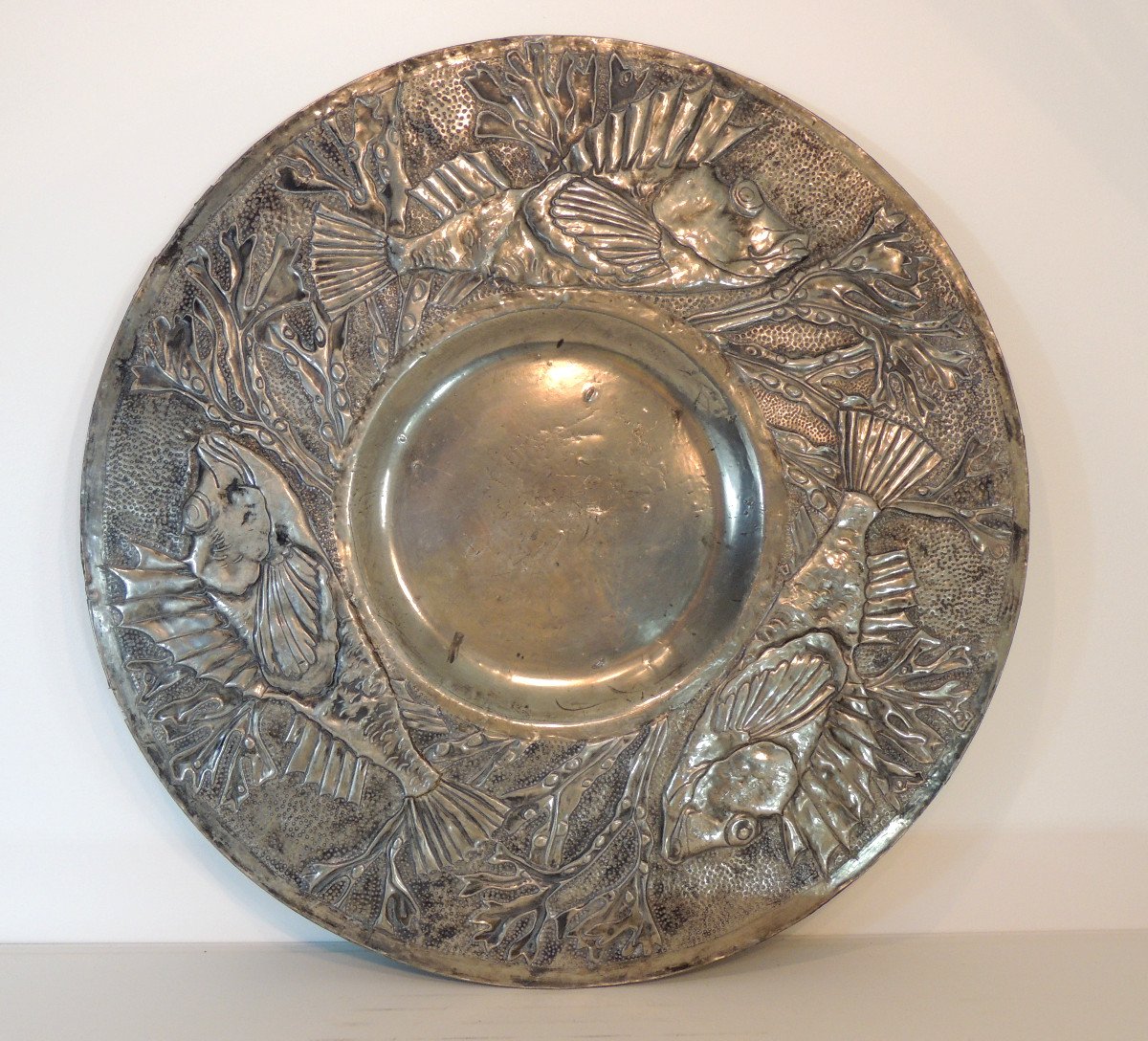 Pewter Paten, Relief Overmoulding Plate, Flying Fish Decor, 1930, Art Deco,-photo-2