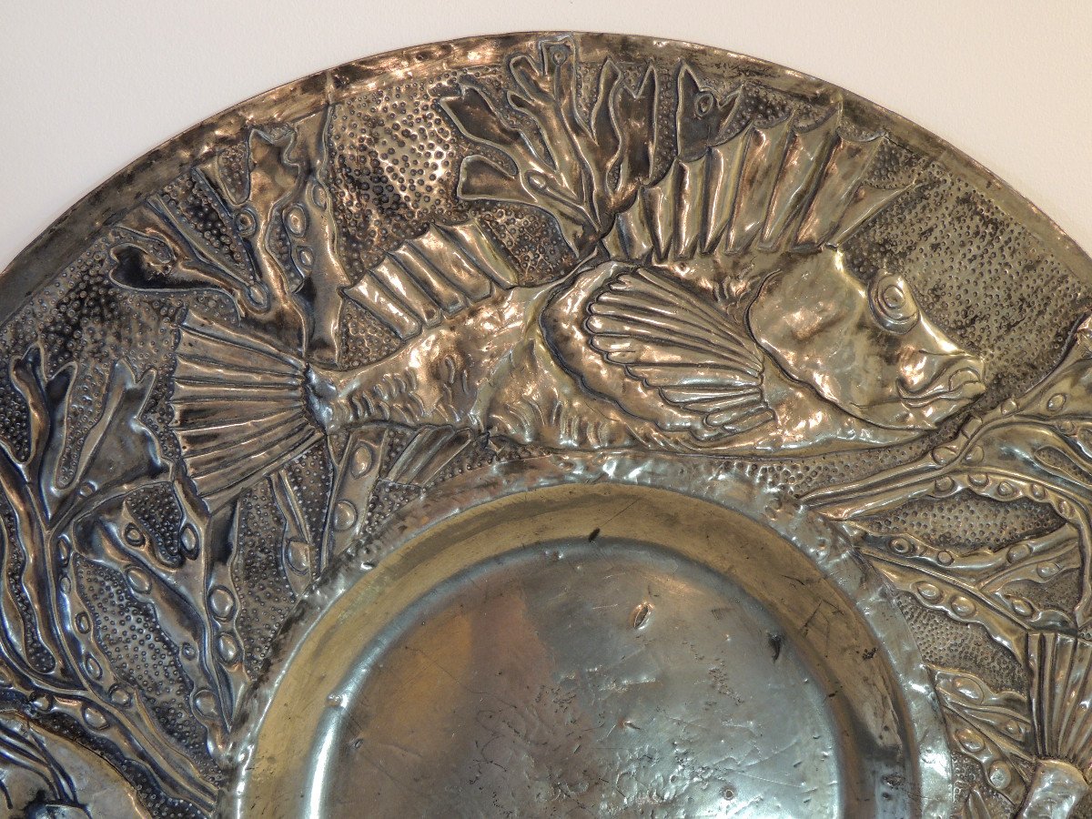 Pewter Paten, Relief Overmoulding Plate, Flying Fish Decor, 1930, Art Deco,-photo-3