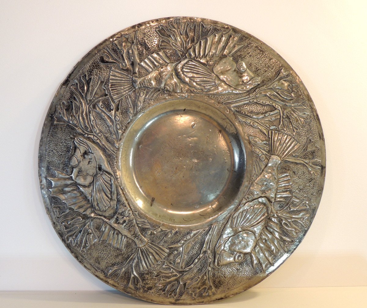 Pewter Paten, Relief Overmoulding Plate, Flying Fish Decor, 1930, Art Deco,