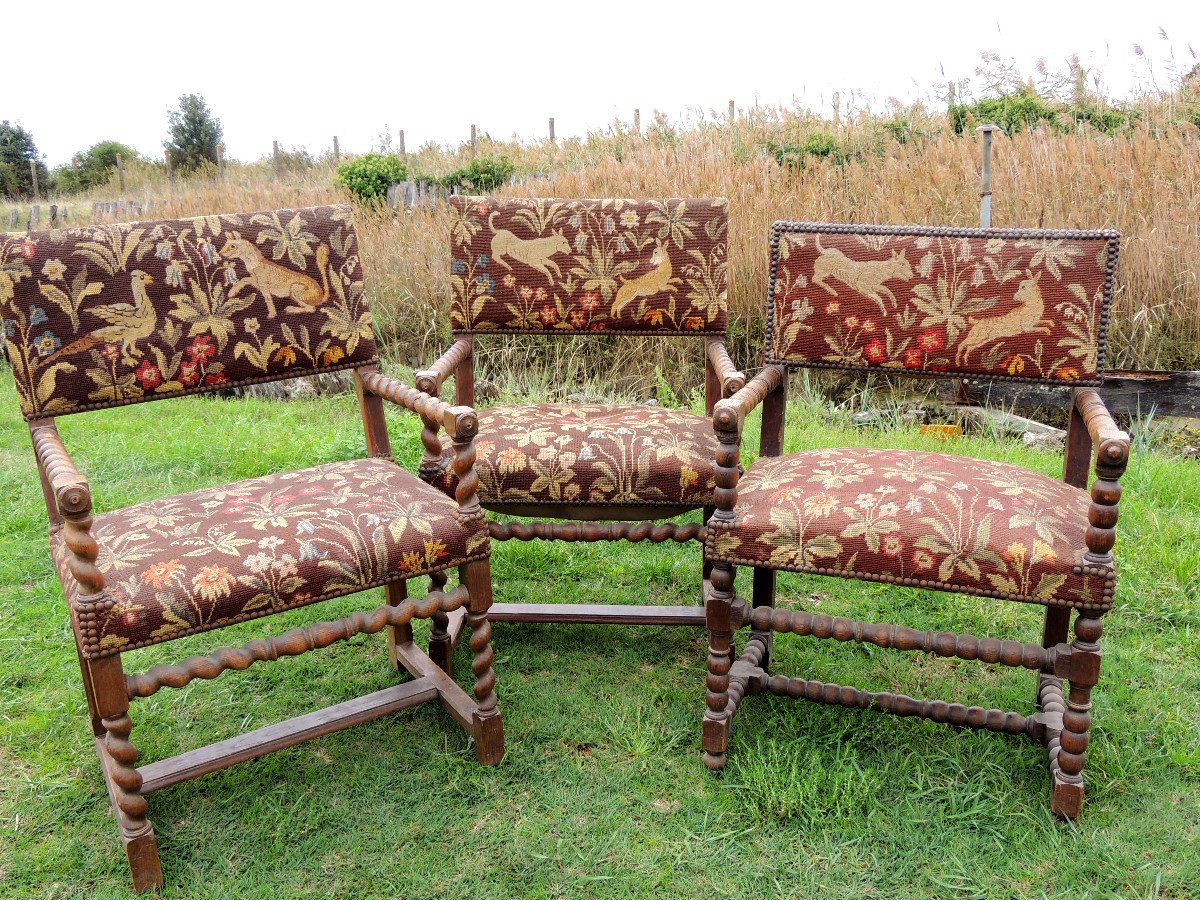 Siéges , Quatre Fauteuils à Bras Louis XIII En Chêne , Tapisserie Au Point , 19 ème-photo-6