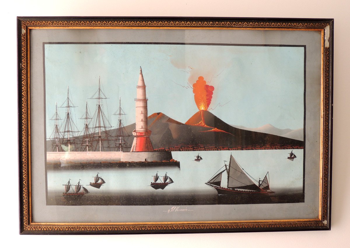 Italian Gouache, Neapolitan Painting, Lava Eruption Of Vesuvius In May 1858, 19th-photo-2