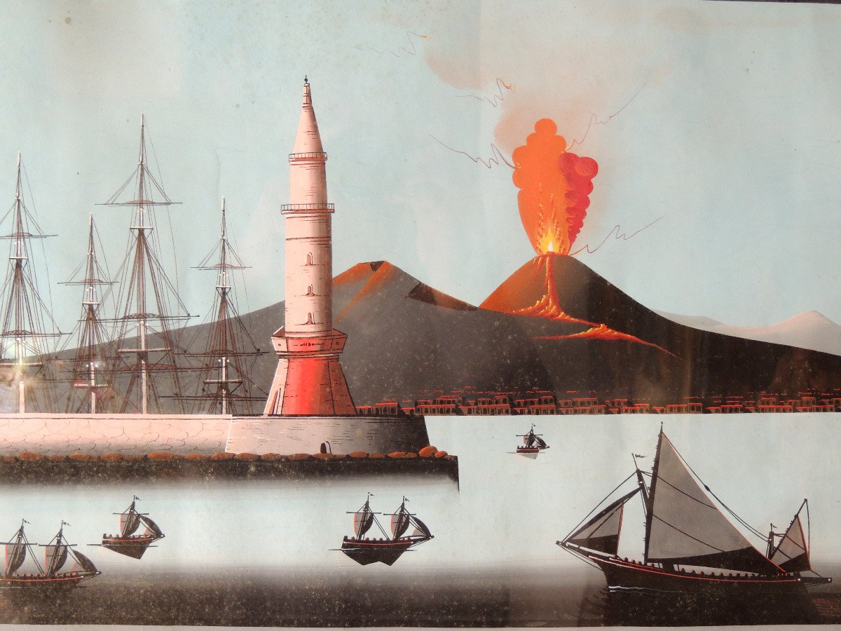Italian Gouache, Neapolitan Painting, Lava Eruption Of Vesuvius In May 1858, 19th-photo-3
