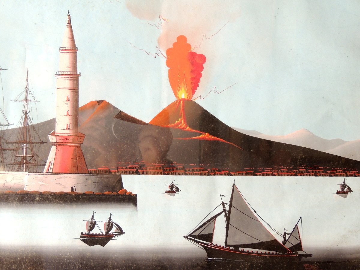 Italian Gouache, Neapolitan Painting, Lava Eruption Of Vesuvius In May 1858, 19th-photo-3