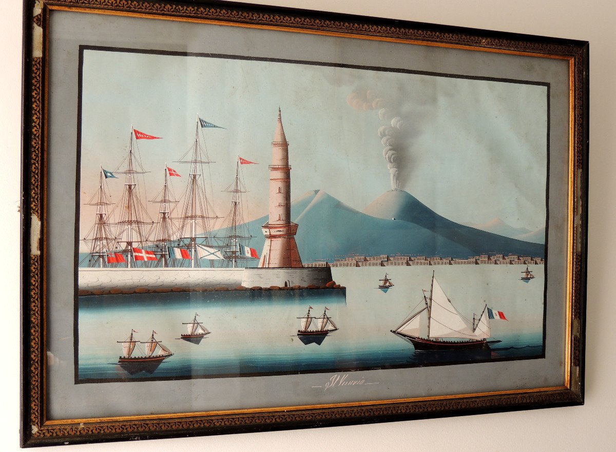 Gouache Italienne , Peinture Napolitaine , éruption De Cendre Du Vésuve En Mai 1858 , 19 ème-photo-2
