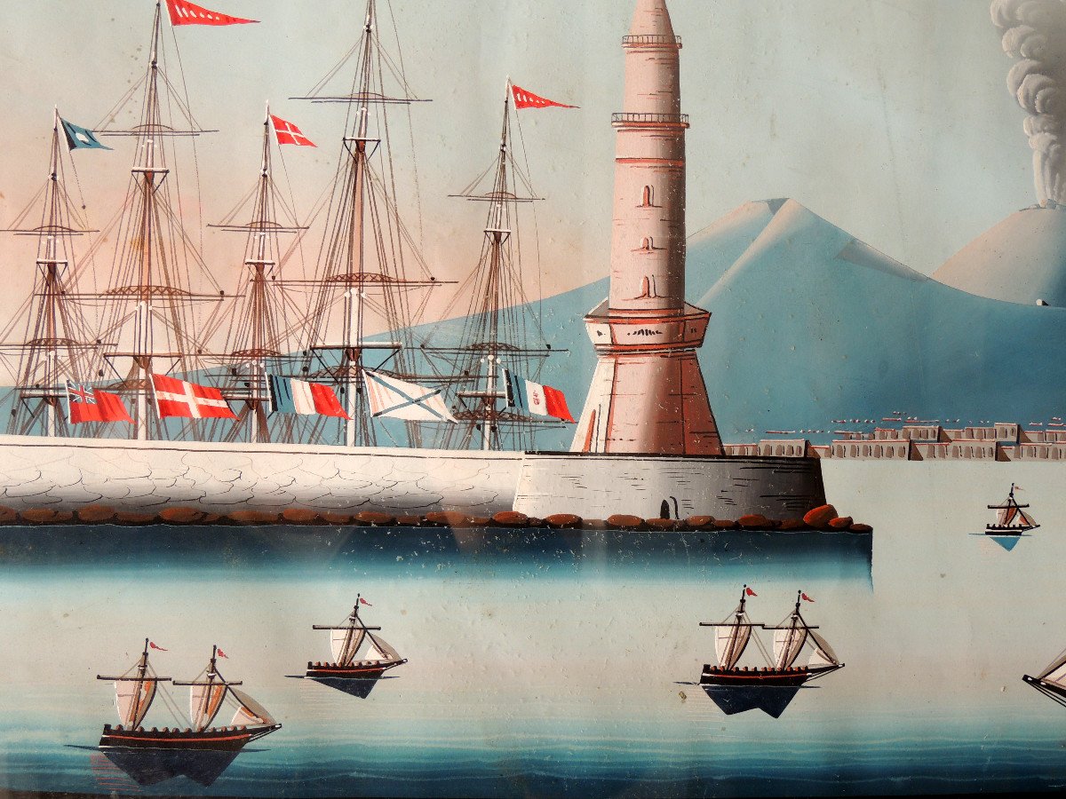 Gouache Italienne , Peinture Napolitaine , éruption De Cendre Du Vésuve En Mai 1858 , 19 ème-photo-2