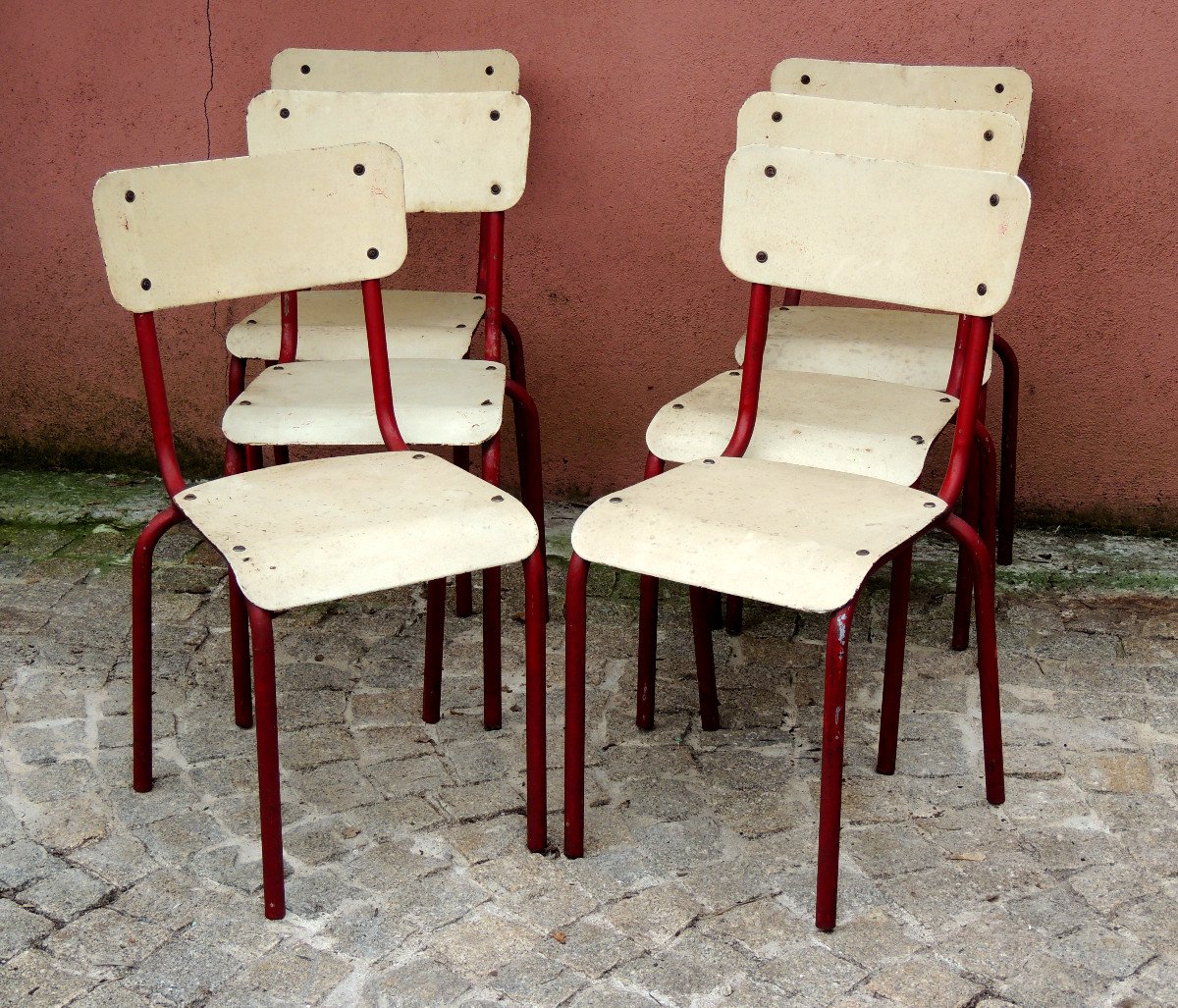 Ensemble de 5 fauteuils vintage en bois de chêne avec rembourrage en laine  modèle 49 par