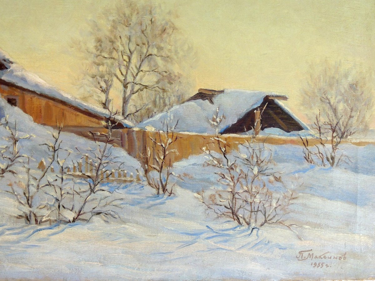Tableau Paysage De Neige , Huile Sur Toile Signée De 1955 , Maison Sous La Neige , 20 ème-photo-1