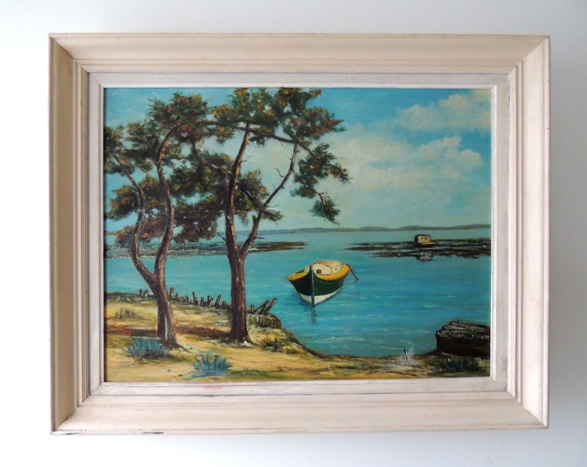 Marine Painting, Oil On Canvas Of The Arcachon Basin, Pinasse Oyster Farm And Pine Forest-photo-2