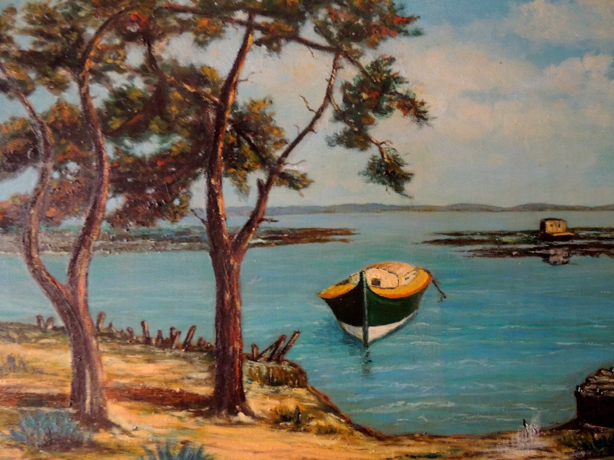 Marine Painting, Oil On Canvas Of The Arcachon Basin, Pinasse Oyster Farm And Pine Forest-photo-3