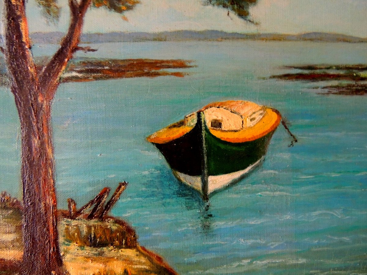 Marine Painting, Oil On Canvas Of The Arcachon Basin, Pinasse Oyster Farm And Pine Forest-photo-4