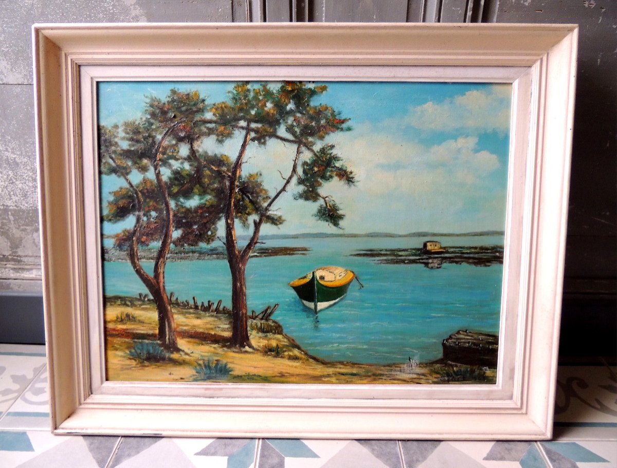 Marine Painting, Oil On Canvas Of The Arcachon Basin, Pinasse Oyster Farm And Pine Forest