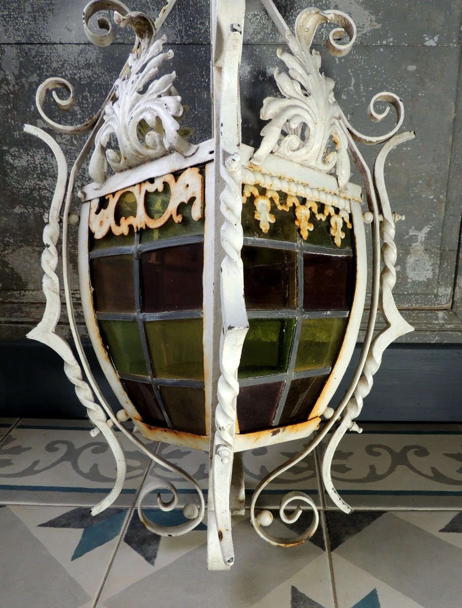 Wrought Iron And Stained Glass Lantern, Chandelier Or Suspension For Entrance, Napoleon III, 19th-photo-4