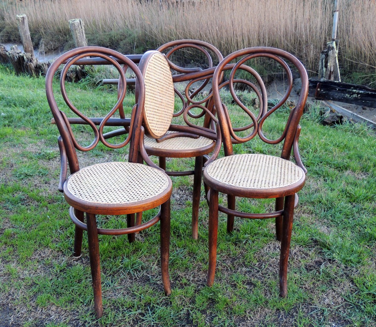 6 Fischel Thonet Bentwood Bistro Chairs N° 20 Omega 1900 -1915, Cane Seats 20th-photo-3
