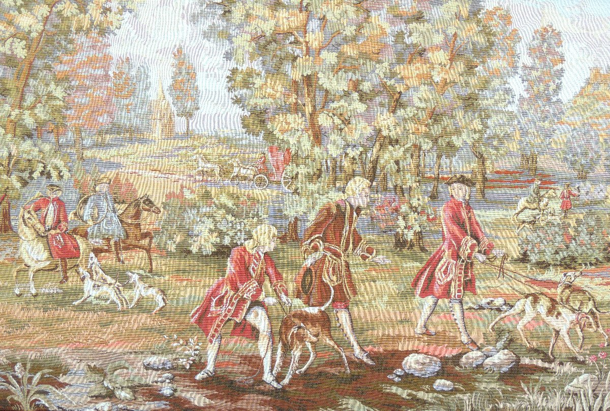 Mechanical Tapestry, Mechanical Weaving, Louis XV Decor Of Gentlemen Hunting Late 19th-photo-3