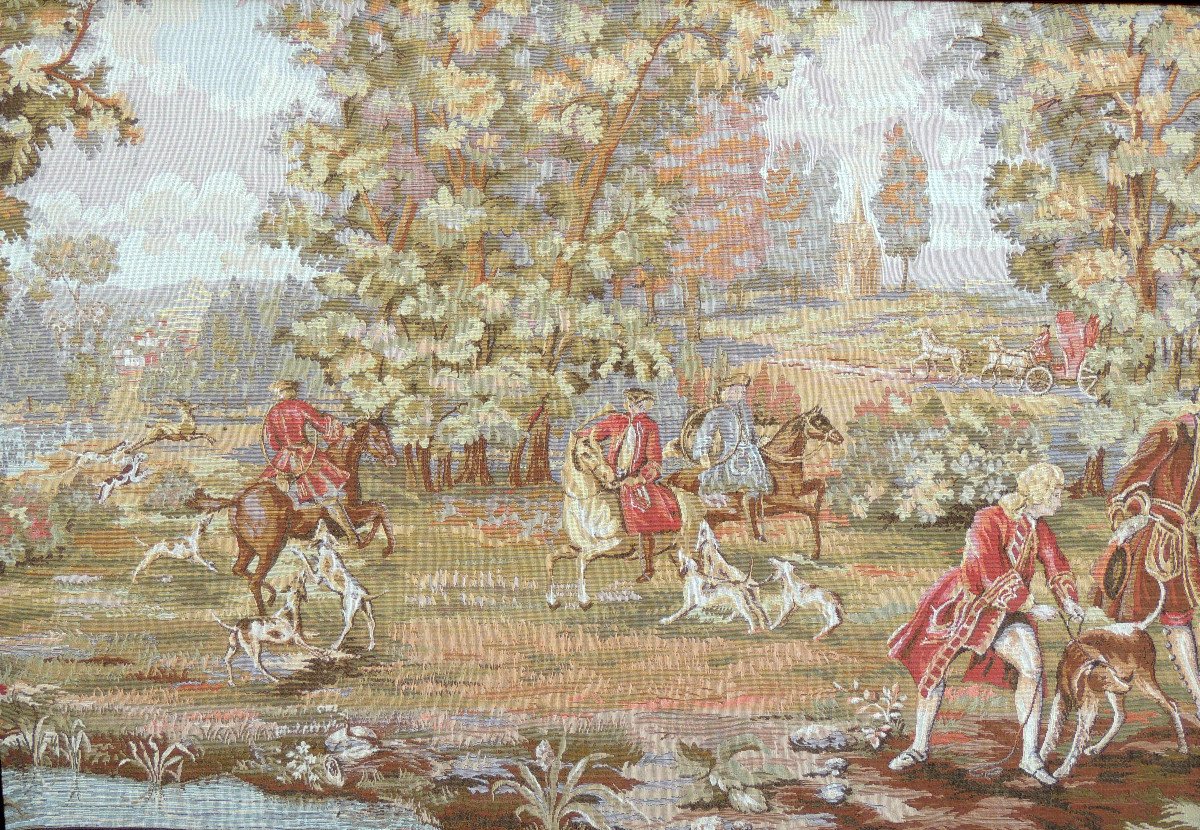 Mechanical Tapestry, Mechanical Weaving, Louis XV Decor Of Gentlemen Hunting Late 19th-photo-2