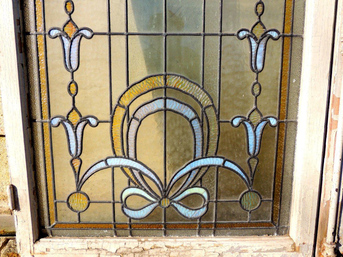 Stained Glass, Window Door Wooden Frame Decoration Of Art Nouveau Stained Glass, 20th Century-photo-1