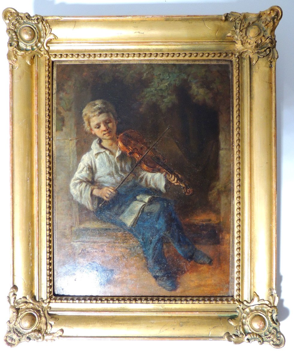 Old Louis XV Style Golden Frame, Decor In Its Center Of A Young Violinist (a.mauve) 19th-photo-2