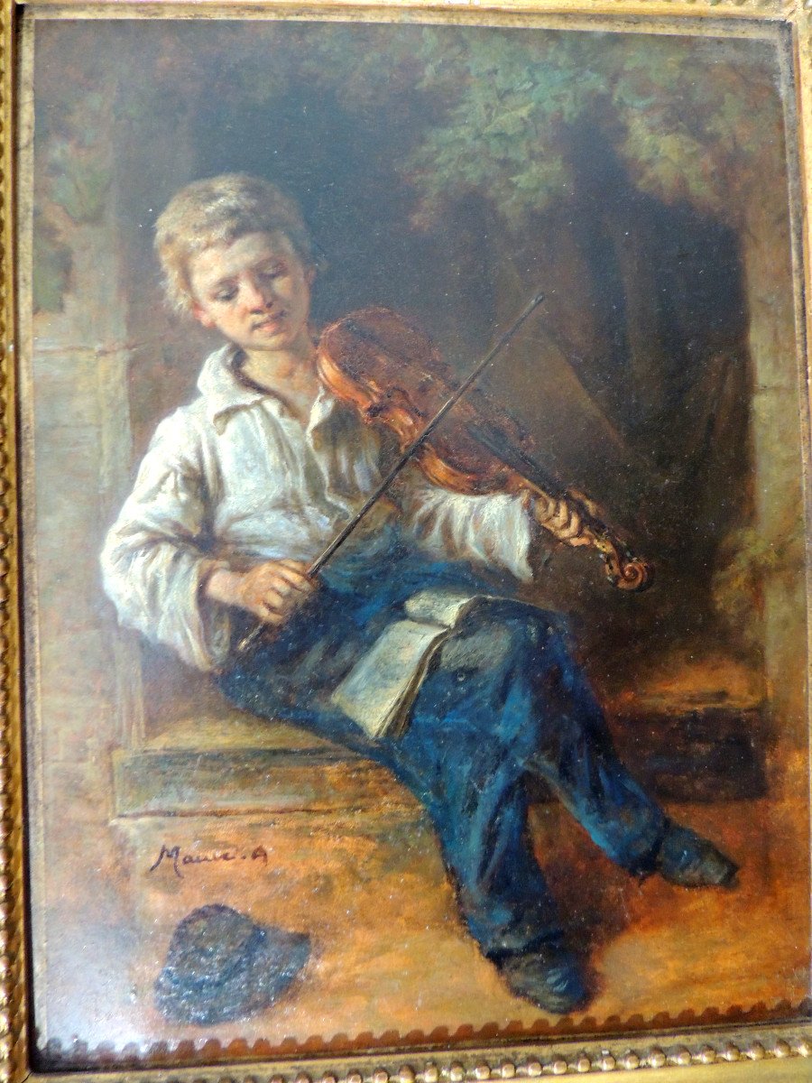 Old Louis XV Style Golden Frame, Decor In Its Center Of A Young Violinist (a.mauve) 19th-photo-3