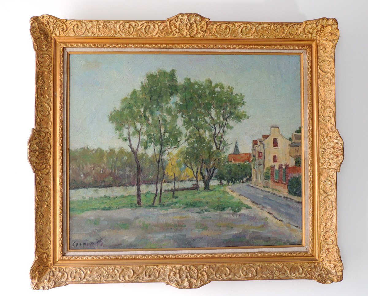 Oil On Canvas, Painting By Emile Crépin Born In 1900, Autumn On The Banks Of The Oise 1975, 20th-photo-2