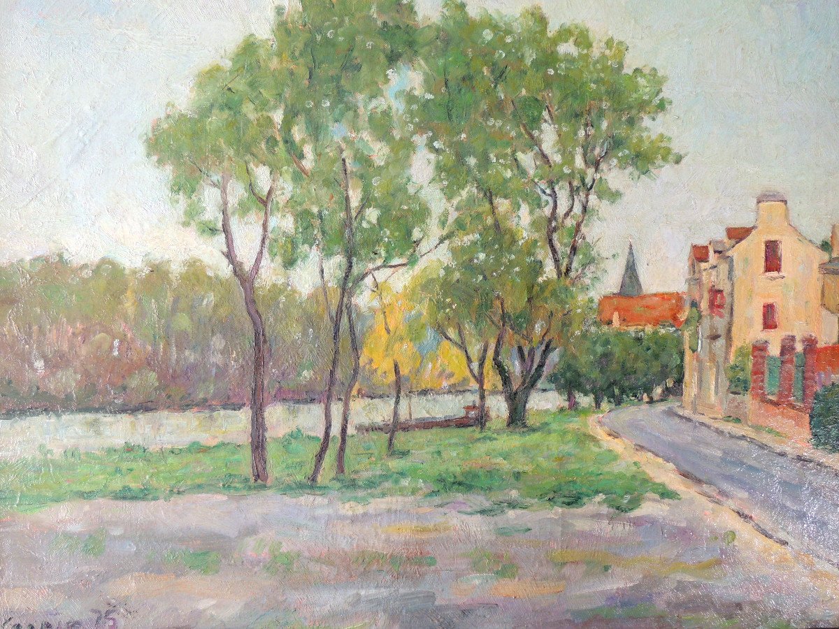 Oil On Canvas, Painting By Emile Crépin Born In 1900, Autumn On The Banks Of The Oise 1975, 20th-photo-3