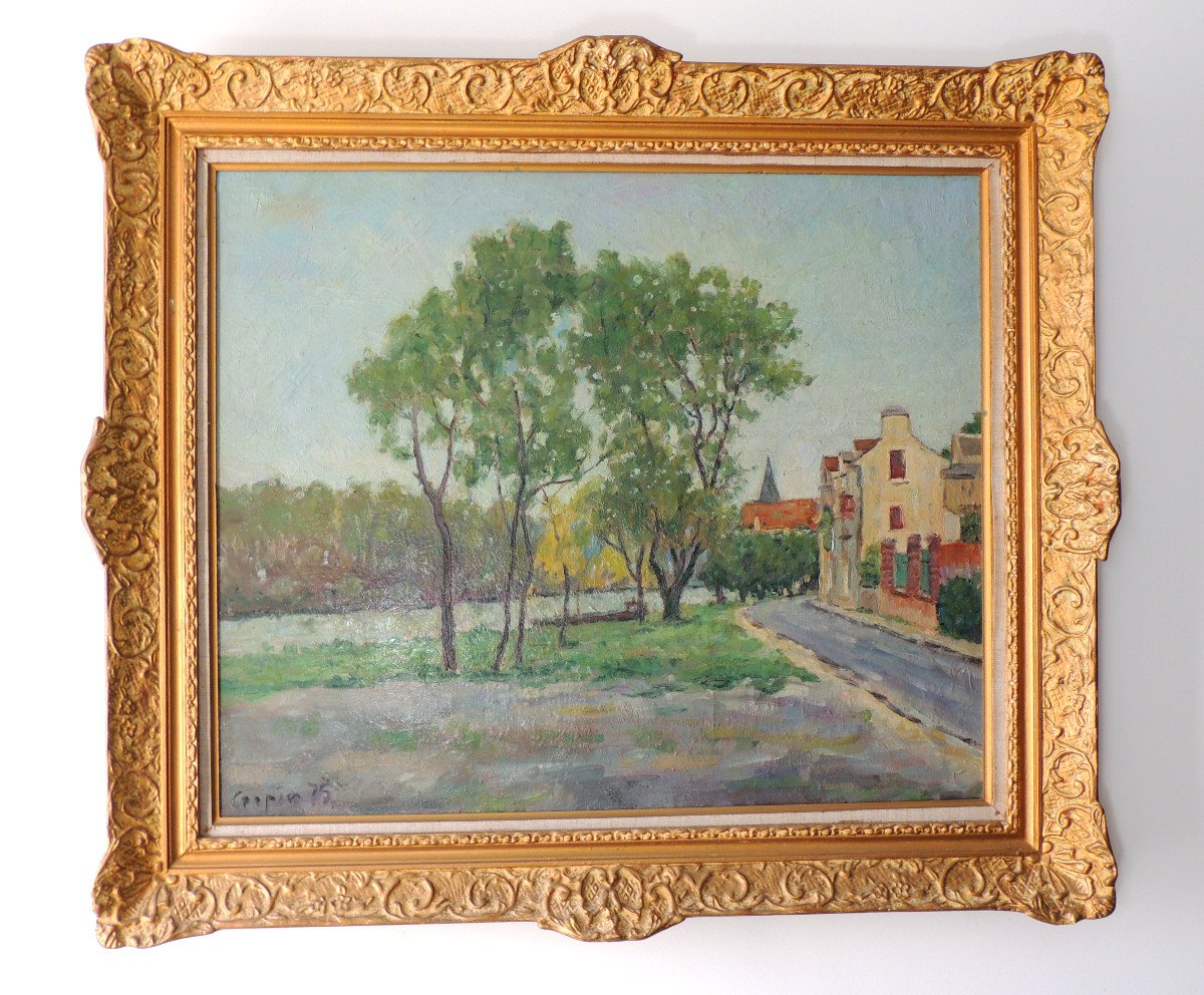 Oil On Canvas, Painting By Emile Crépin Born In 1900, Autumn On The Banks Of The Oise 1975, 20th