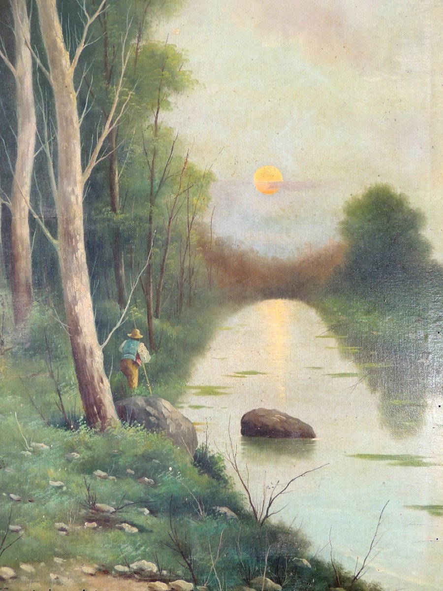 Huile Sur Toile,tableau De Georges Mita 1871 - 1904, Pêcheur Aux Bords d'Un Cours d'Eau ,19 ème-photo-3