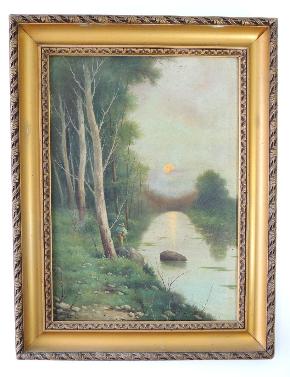 Huile Sur Toile,tableau De Georges Mita 1871 - 1904, Pêcheur Aux Bords d'Un Cours d'Eau ,19 ème