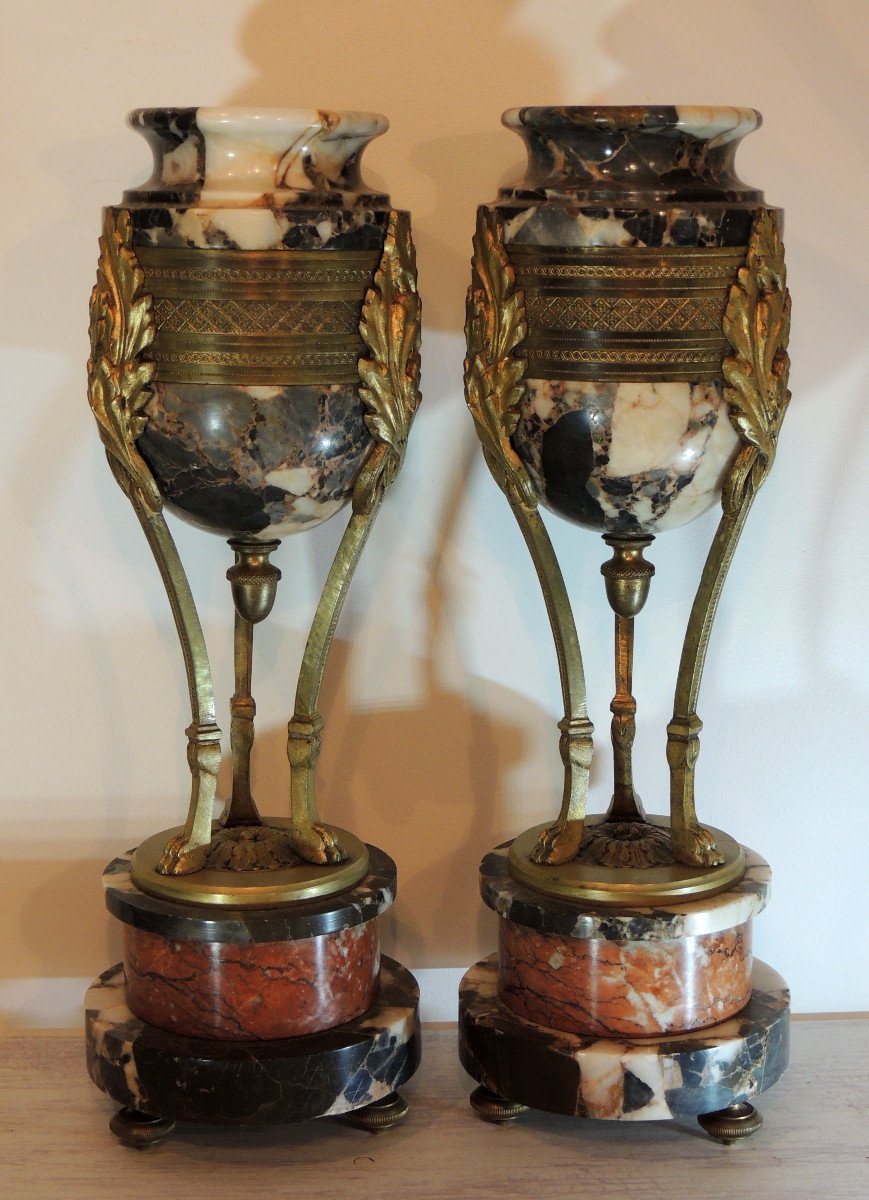 Paire De Cassolettes ,en Marbre Veiné Et Bronze Doré , Piétement Tripode , Napoléon III , 19 ème-photo-2
